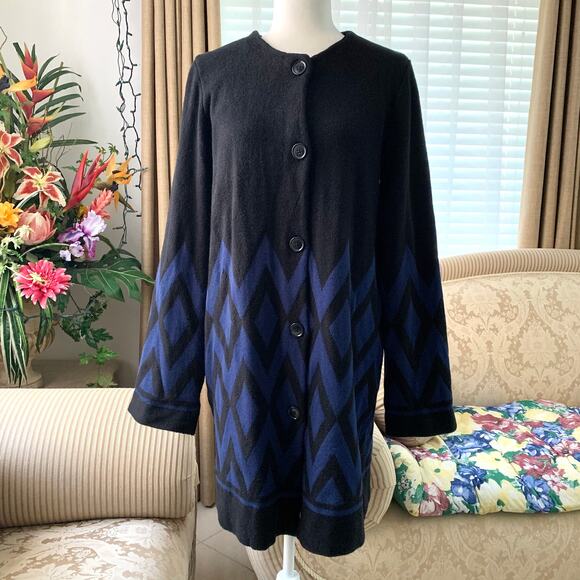 ANN TAYLOR Diamond Jacquard Long Plush Cardigan Coatigan in Navy Black - Picture 3 of 10